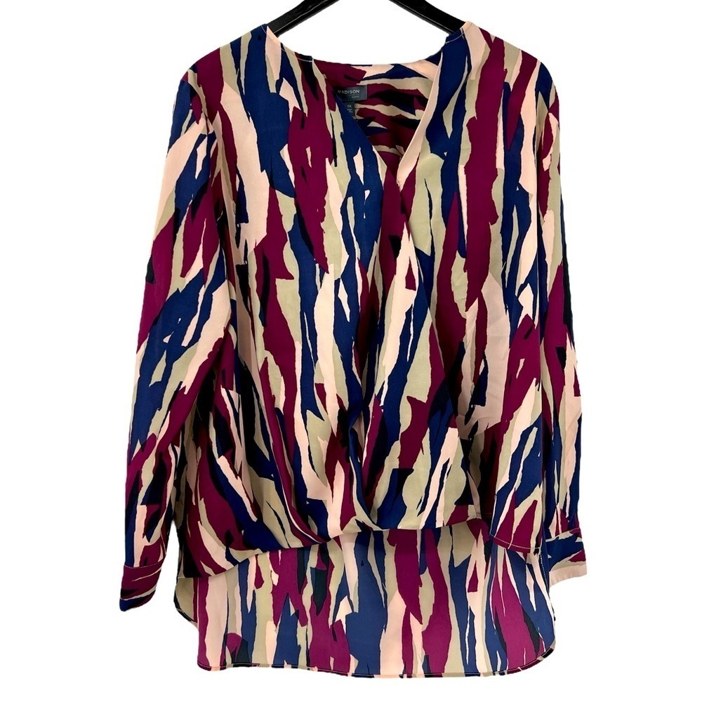 Madison multi print MAISON BORDEAUX Warp Long Sleeve Blouse SZ 1X NEW